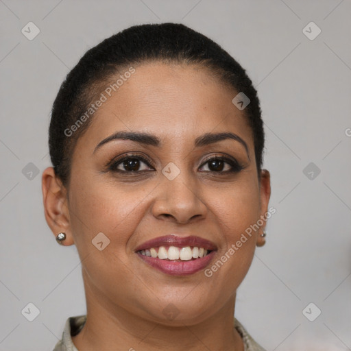 Joyful latino young-adult female with short  brown hair and brown eyes