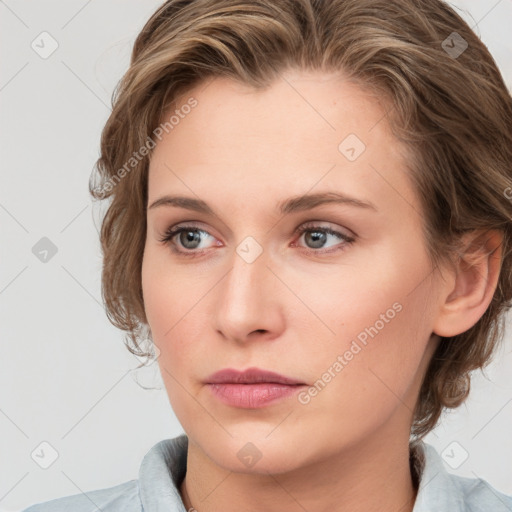 Neutral white young-adult female with medium  brown hair and grey eyes