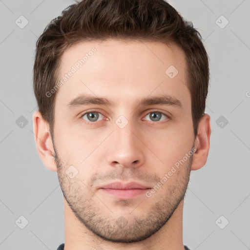 Neutral white young-adult male with short  brown hair and brown eyes