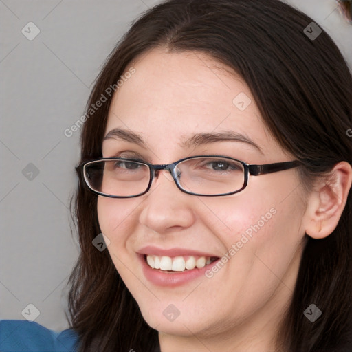 Joyful white young-adult female with medium  brown hair and blue eyes