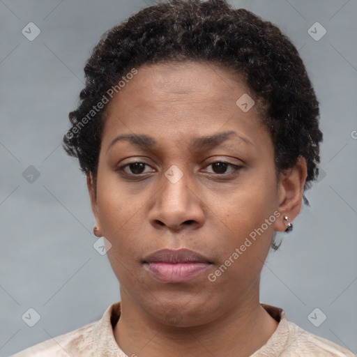 Neutral black young-adult female with short  brown hair and brown eyes