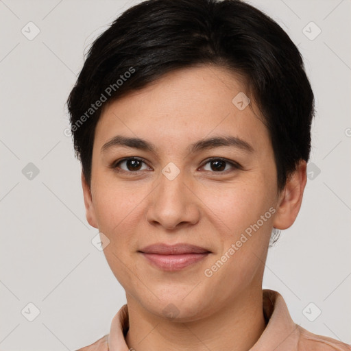 Joyful white young-adult female with short  brown hair and brown eyes