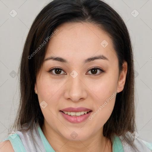 Joyful white young-adult female with medium  brown hair and brown eyes