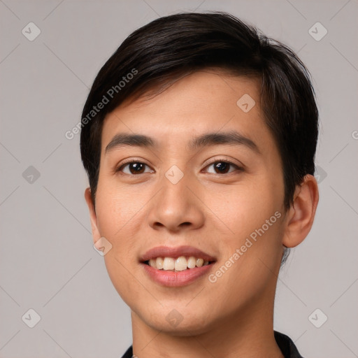 Joyful white young-adult female with short  brown hair and brown eyes