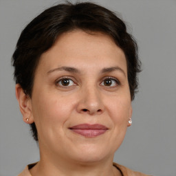 Joyful white adult female with medium  brown hair and brown eyes