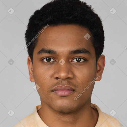 Neutral black young-adult male with short  black hair and brown eyes