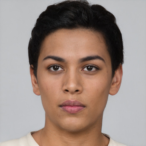 Neutral asian young-adult female with short  black hair and brown eyes