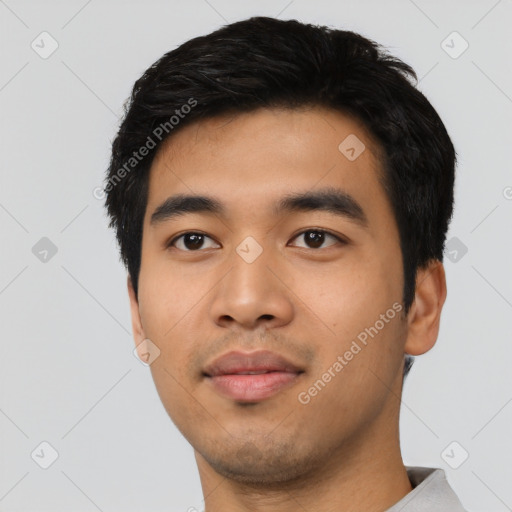 Neutral asian young-adult male with short  black hair and brown eyes