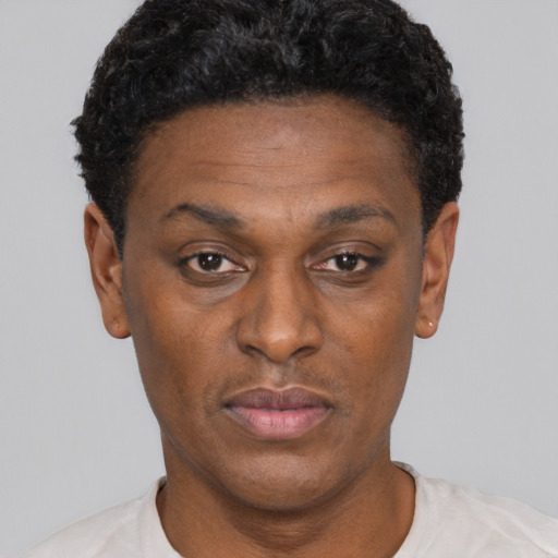 Neutral black adult female with short  black hair and brown eyes