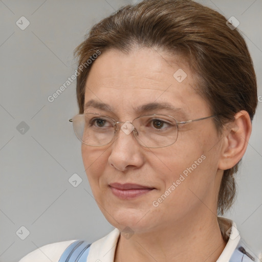 Joyful white middle-aged female with short  brown hair and brown eyes