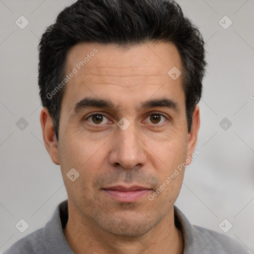 Neutral white adult male with short  black hair and brown eyes