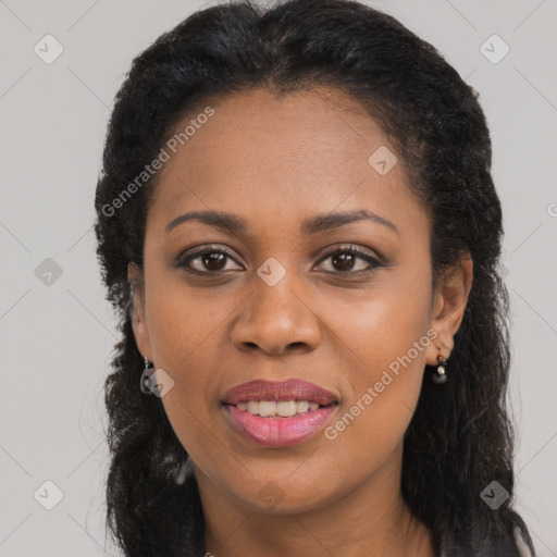 Joyful latino young-adult female with long  brown hair and brown eyes