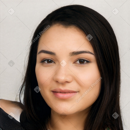 Joyful latino young-adult female with long  black hair and brown eyes