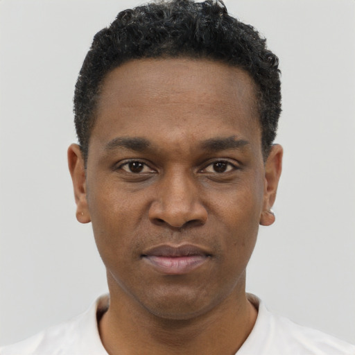 Neutral black young-adult male with short  black hair and brown eyes