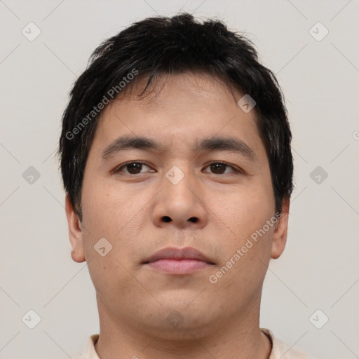 Neutral asian young-adult male with short  brown hair and brown eyes