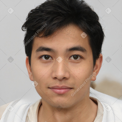 Neutral asian young-adult male with short  black hair and brown eyes