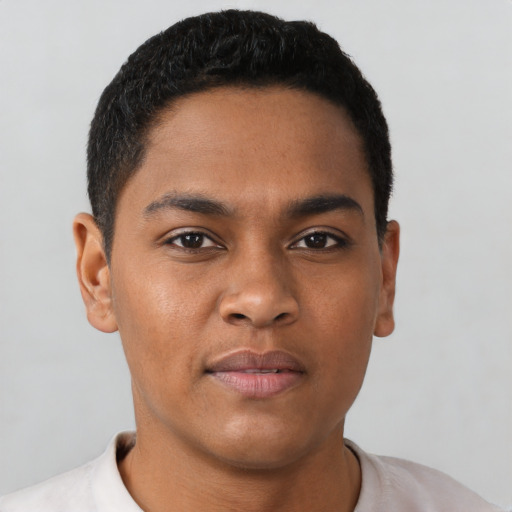 Neutral latino young-adult male with short  brown hair and brown eyes