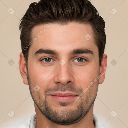 Neutral white young-adult male with short  brown hair and brown eyes