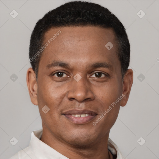 Joyful latino young-adult male with short  brown hair and brown eyes