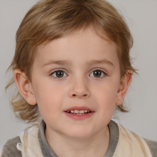 Joyful white child female with medium  brown hair and blue eyes