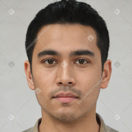 Neutral asian young-adult male with short  black hair and brown eyes