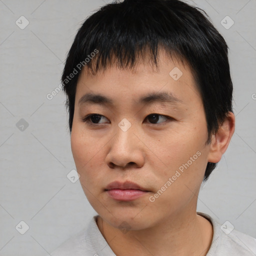 Neutral asian young-adult male with short  black hair and brown eyes