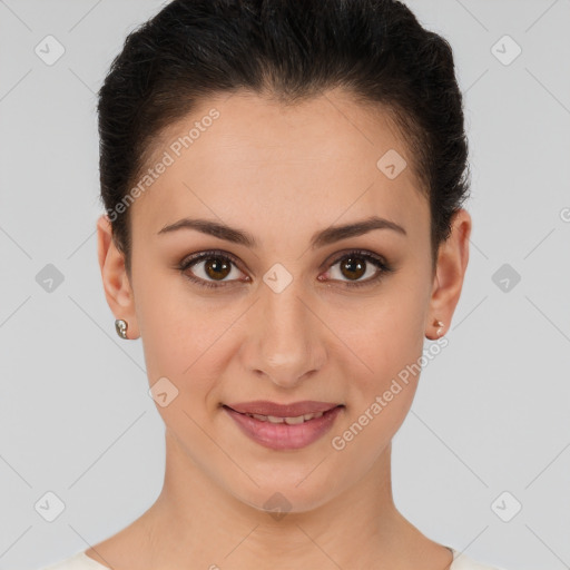 Joyful white young-adult female with short  brown hair and brown eyes