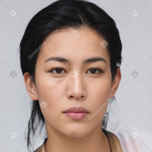 Neutral asian young-adult female with medium  black hair and brown eyes