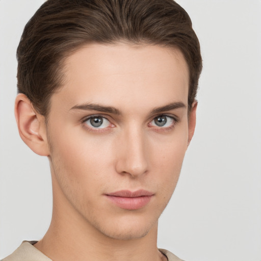 Neutral white young-adult male with short  brown hair and brown eyes