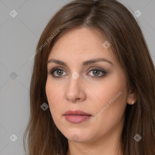 Neutral white young-adult female with long  brown hair and brown eyes