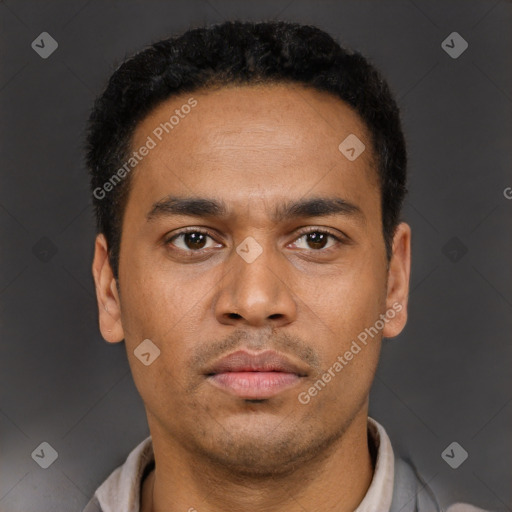 Neutral latino young-adult male with short  black hair and brown eyes