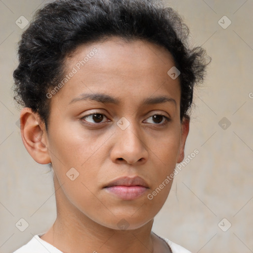 Neutral white young-adult female with short  brown hair and brown eyes