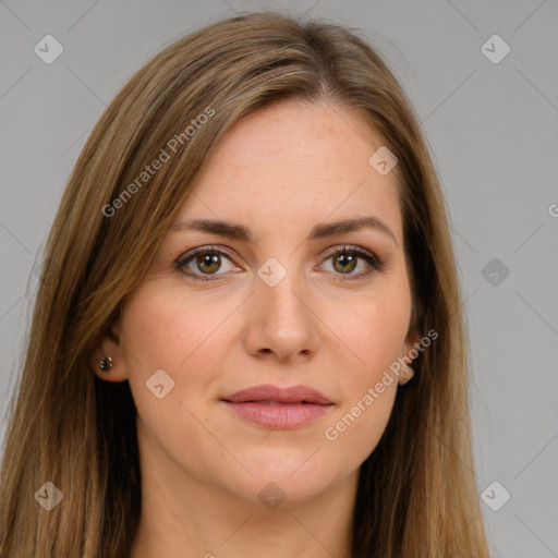 Joyful white young-adult female with long  brown hair and brown eyes