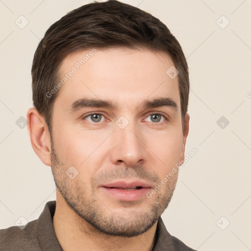 Neutral white young-adult male with short  brown hair and brown eyes