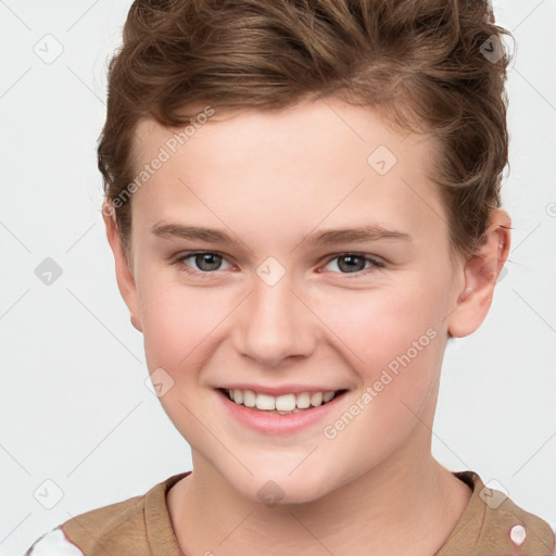 Joyful white child female with short  brown hair and brown eyes