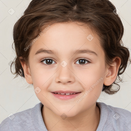 Joyful white child female with medium  brown hair and brown eyes