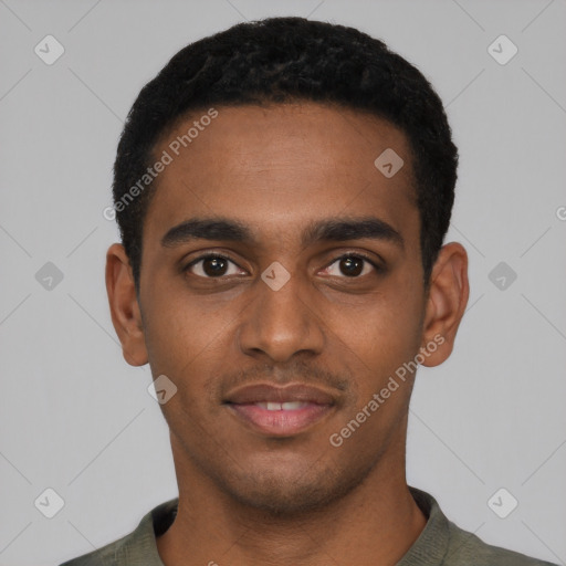 Neutral black young-adult male with short  black hair and brown eyes