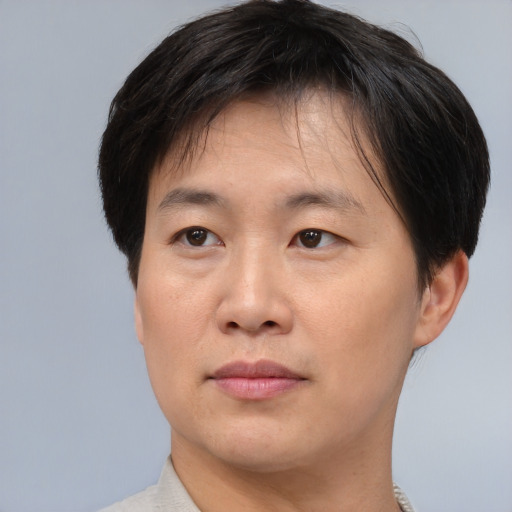 Joyful asian adult male with short  brown hair and brown eyes