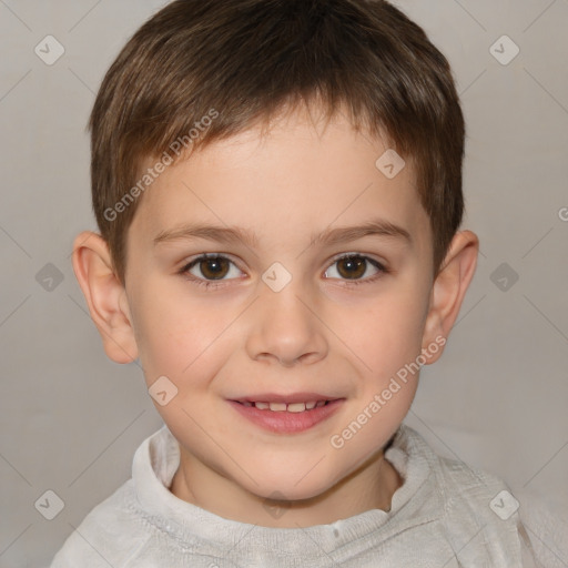 Joyful white child male with short  brown hair and brown eyes