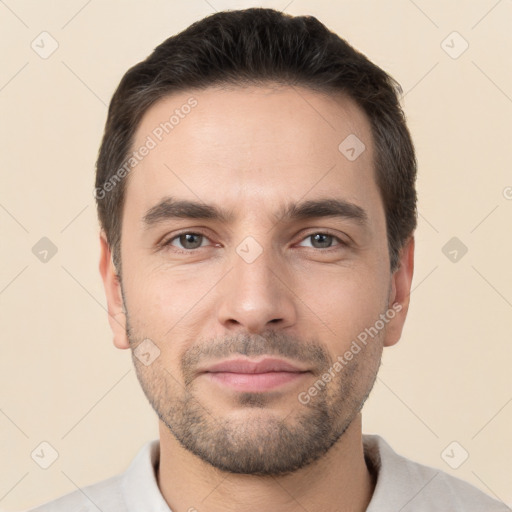 Neutral white young-adult male with short  brown hair and brown eyes