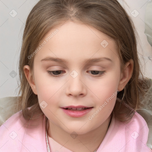 Joyful white child female with medium  brown hair and brown eyes