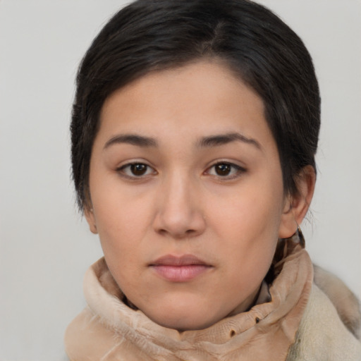 Neutral white young-adult female with medium  brown hair and brown eyes