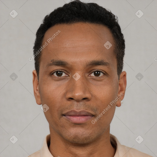 Neutral latino young-adult male with short  black hair and brown eyes