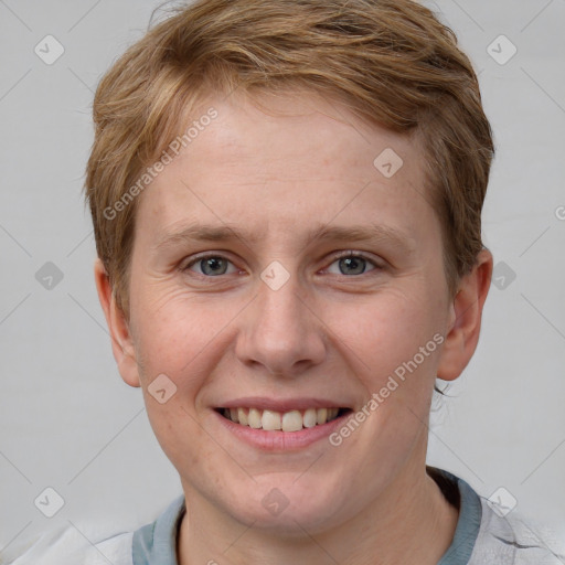 Joyful white young-adult female with short  brown hair and grey eyes