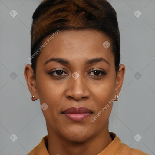 Joyful latino young-adult female with short  black hair and brown eyes
