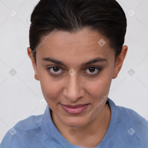 Joyful white young-adult female with short  brown hair and brown eyes