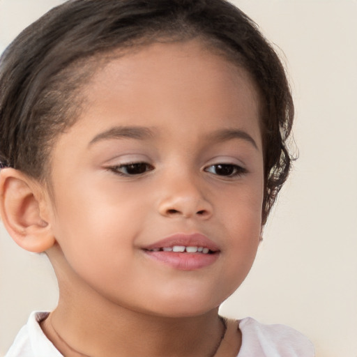 Joyful white child female with short  brown hair and brown eyes