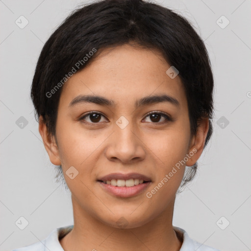 Joyful asian young-adult female with short  brown hair and brown eyes