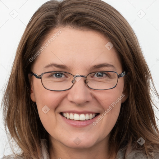 Joyful white young-adult female with medium  brown hair and grey eyes