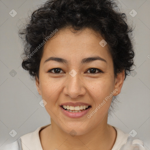 Joyful latino young-adult female with short  brown hair and brown eyes